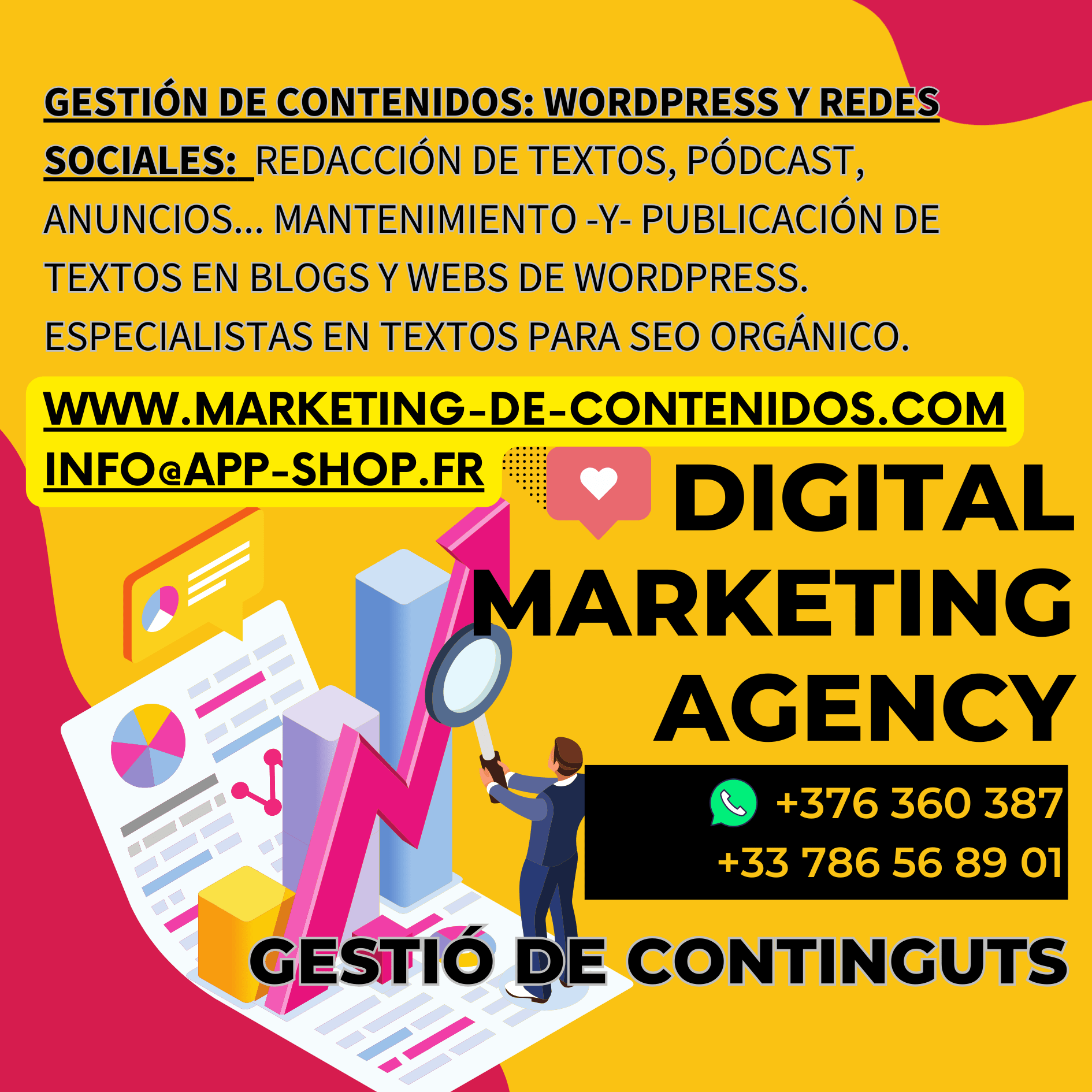 ESPECIALISTA EN POSICIONAMIENTO EN GOOGLE. T.+376360387 - T.+33786568901. info@app-shop.fr OTRAS EMPRESAS: # Ageri - Alta manual y posicionamiento web en buscadores. Ofrece servicios de diseño web. # Agreguelo - Ofrece servicios de registro en buscadores y optimización. # Alt64 - Ofrecen servicios de posicionamiento de sitios y estadísticas de visitas. # Alta en buscadores - Alta y posicionamiento en motores de búsqueda. # Altas buscadores - Servicio de altas y posicionamiento. # Altawebs - Servicios de alta en buscadores, promoción y marketing. # AlterSEM - Servicio de posicionamiento y web marketing en buscadores. # Atraczion - Ofrece servicios de promoción de sitios web. # Aztop - Promoción web, posicionamiento en buscadores y campañas de marketing. # B2B e-travel - Empresa consultora y servicios de marketing para empresas de turismo. # Beleader - Servicios de posicionamiento en buscadores, publicidad en webs y campañas de email marketing. # Clicksun - Servicio de posicionamiento y publicidad en buscadores. # Comexus - Promoción de páginas web y de posicionamiento en buscadores. Incluye artículos y un blog relacionados con el tema. # Conectarnos - Servicios de SEO, posicionamiento web, promoción, marketing en buscadores y gestión de contenidos. # Cristian Juliano - Servicio de alta y posicionamiento en buscadores desde Argentina. # Delosprimeros - Servicios de auditoría y posicionamiento web. Herramientas y guías. # Ealtamira - Publicidad en Internet y marketing en buscadores. # E-Buscadores - Servicios de alta y posicionamiento en buscadores, y pago por click. # Empresa y Web posicionamiento en buscadores y diseño. # Entra en la Red - Agencia de publicidad en buscadores a adWords, promoción web y posicionamiento en buscadores. # Human Level Communications - Consultora de posicionamiento en buscadores y campañas de marketing. # Idanas - Información y servicios de posicionamiento web con noticias relacionadas. # Iluminatia - Realiza servicios de posicionamiento web natural y campañas de pago por clic. # Inicio Global - Servicios de posicionamiento en buscadores. Incluye enlaces de noticias relacionadas. # Internet Advantage - Información y servicios sobre posicionamiento y marketing. # Inzearch - Servicios de marketing en buscadores, posicionamiento natural y técnicas SEO. # iProspect - Servicios de posicionamiento en buscadores, gestión de enlaces patrocinados y asesoría. # Localizarte - Servicios de posicionamiento en buscadores y gestión de campañas de pago por clic. # Marketing en la web - Diseño y alojamiento de páginas web, alta y optimización para posicionamiento en buscadores. # Max Promoción - Servicios de posicionamiento web y promoción a medida. # Mecagoenlos - Sitio web con información relevante para posicionamiento en buscadores. # Mediaclick - Agencia de marketing en línea. Ofrece servicios de posicionamiento en Google. # mktBuscadores - Consultoría y servicios profesionales para promocionar en buscadores. # Natural Marketing - Marketing en buscadores, optimización orgánica y promoción. # Net Pack - Soluciones corporativas de posicionamiento en buscadores y marketing web. Descripción de servicios y contacto. # NetBooster - Generación de tráfico, enlaces patrocinados y posicionamiento. # Onetomarket - Agencia de marketing que ayuda a desarrollar una estrategia para promocionar empresas en Internet. # Los Optimizadores - Servicio de enlaces de texto para mejorar el posicionamiento web. # OptimoClick - Dedicada al posicionamiento en buscadores. Ofrece artículos y consejos sobre el tema. # Overalia - Consultoría y análisis orientado al posicionamiento en buscadores, altas, promoción y seguimiento de los resultados. # Posicionamiento web - Alta y posicionamiento en buscadores, optimización y diseño de páginas web. # Posicionamiento Web Alicante - Empresa situada en Alicante; ofrece servicios de diseño, enlaces patrocinados, marketing y contacto. # Posicionanet - Servicios integrales de posicionamiento en buscadores a precios económicos. # PosicionaT - Servicios profesionales de usabilidad, marketing por internet, promoción y posicionamiento en buscadores. # Primeras posiciones - Optimización de sitios para posicionamiento en buscadores. # Promo-business - Promoción de negocios a través de Internet. # Promoción Alicante - Empresa de posicionamiento y promoción de páginas web, ubicada en España. # Promocioning - Servicios de marketing, promoción y posicionamiento en buscadores. # Promotuweb - Posicionamiento, alta en buscadores y optimización de webs. # Promozona - Servicio de promoción de páginas. Posicionamiento en buscadores y optimización. # Retorne - Servicios de marketing en buscadores. # Seo Home - Servicio profesional que incluye posicionamiento y alta en buscadores y directorios. # Seo México - Diseño de páginas y posicionamiento en buscadores. # Seo Soluciones - Servicios de consultoría de posicionamiento en buscadores y optimización de sitios. # Seolución - Servicios de consultoría relacionados con el alta y posicionamiento en buscadores. # SeoTalk - Blog sobre posicionamiento web en buscadores y cómo funcionan los buscadores. # Ser Primeros - Servicios de de alta y posicionamiento en buscadores y gestión de enlaces patrocinados. # Servicios SEO - Servicios de posicionamiento en buscadores y otras técnicas de marketing web. # Teira Consulting - Empresa dedicada a la publicidad de páginas web en buscadores de Internet. # T2O media - Empresa de promoción, posicionamiento y alta en buscadores. # Top Esp - Campañas de publicidad on-line, posicionamiento en buscadores y herramientas para webmasters en español. # UPpositon - Consultoría e-business y promoción web. # Vexlan - Empresa de marketing en Internet y publicidad para PYMEs. # Web visitas - Promoción de sitios web, posicionamiento en buscadores, servicios gratuitos de intercambio de banners, intercambio de enlaces, contadores. # Webeffekt - Agencia consultora de servicios de promoción, optimización y monitoreo de posición en buscadores. # Webpositer - Alta, optimización e informes de seguimiento de posición en buscadores. # Webs promotion - Ofrece servicios de alta en buscadores y directorios y promoción de sitios. # Zento Media - Estrategias multilingües de posicionamiento y marketing en buscadores.